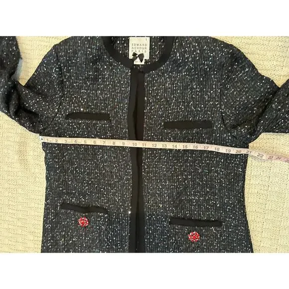 Edward Achour Paris Black Sequin Long Formal Open Front Jacket FR